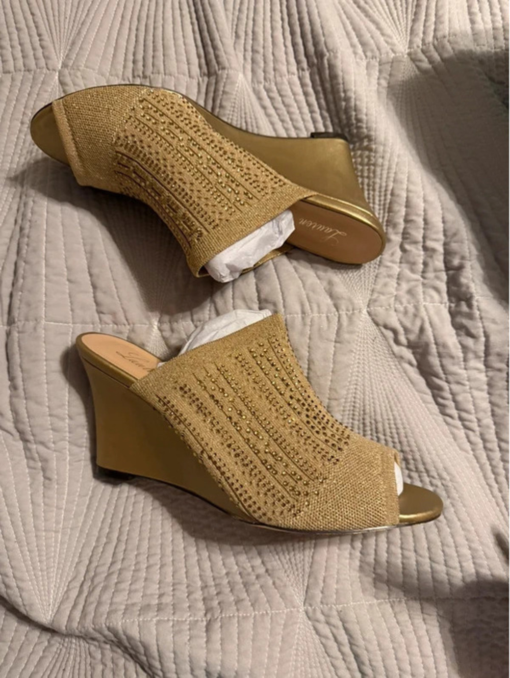 Lauren Lorraine Gold Beaded Wedge Heels Size 10